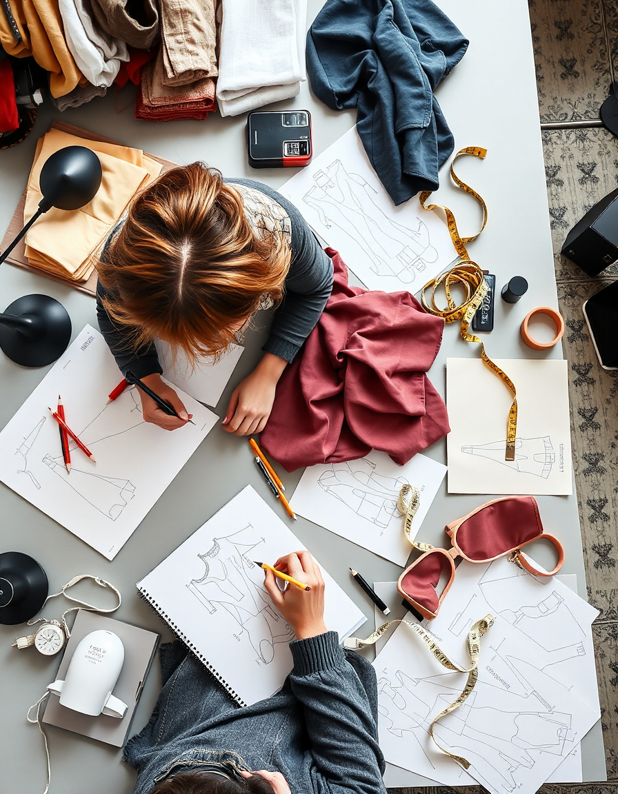 Custom clothing manufacturer design process - fashion designers creating patterns and sketches
