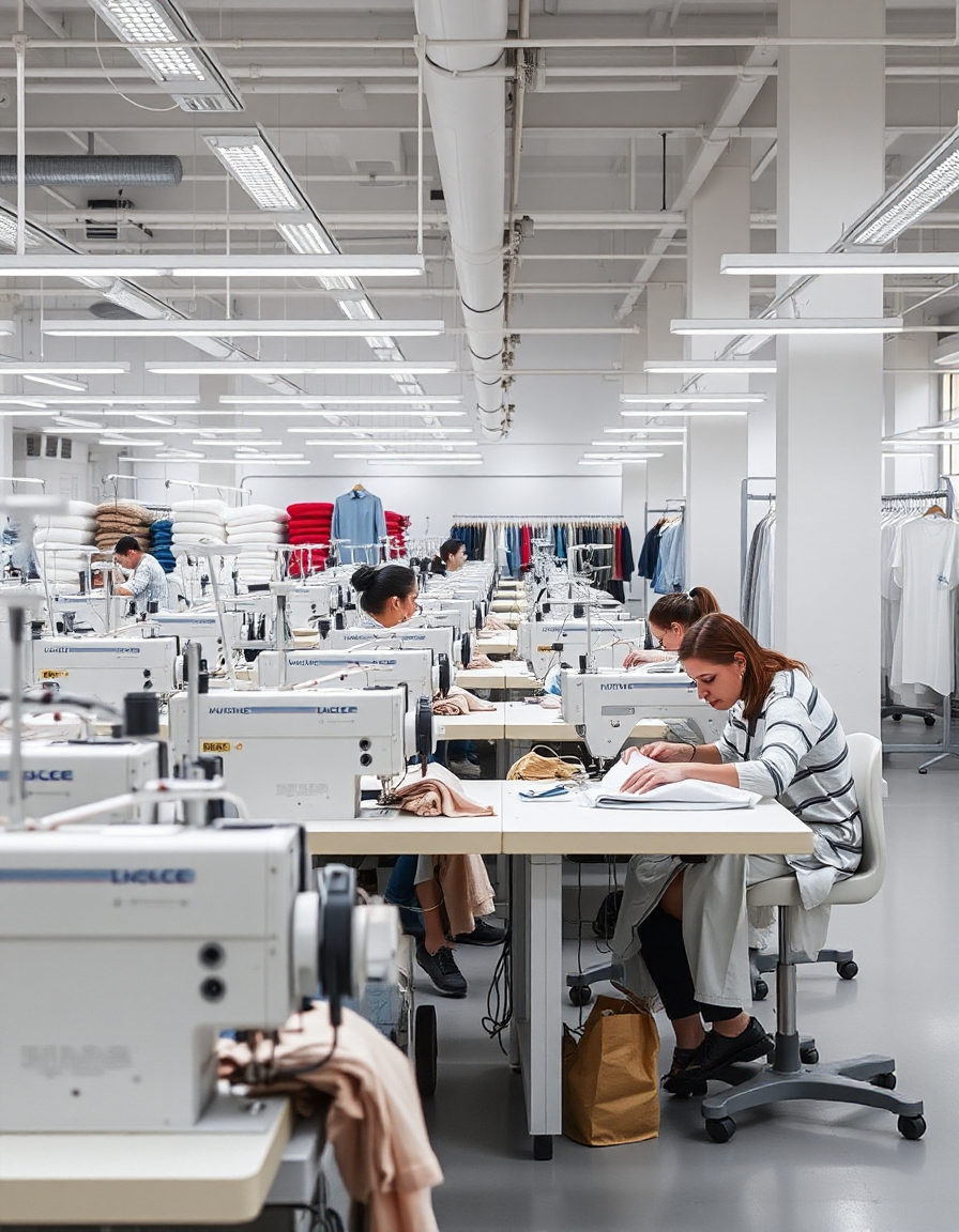 Custom sportswear manufacturer production facility - modern clothing manufacturing with professional seamstresses