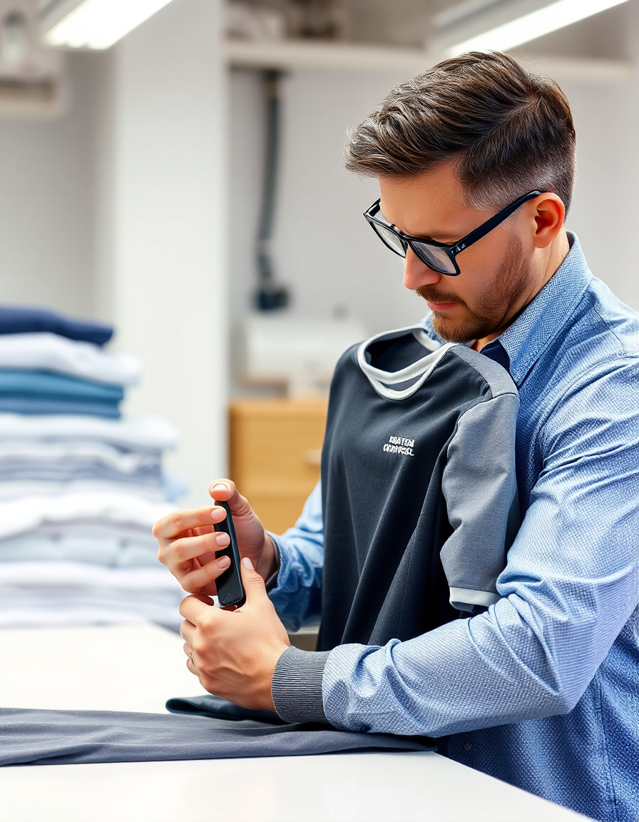 Private label clothing producer quality control - specialist inspecting finished garments for perfection